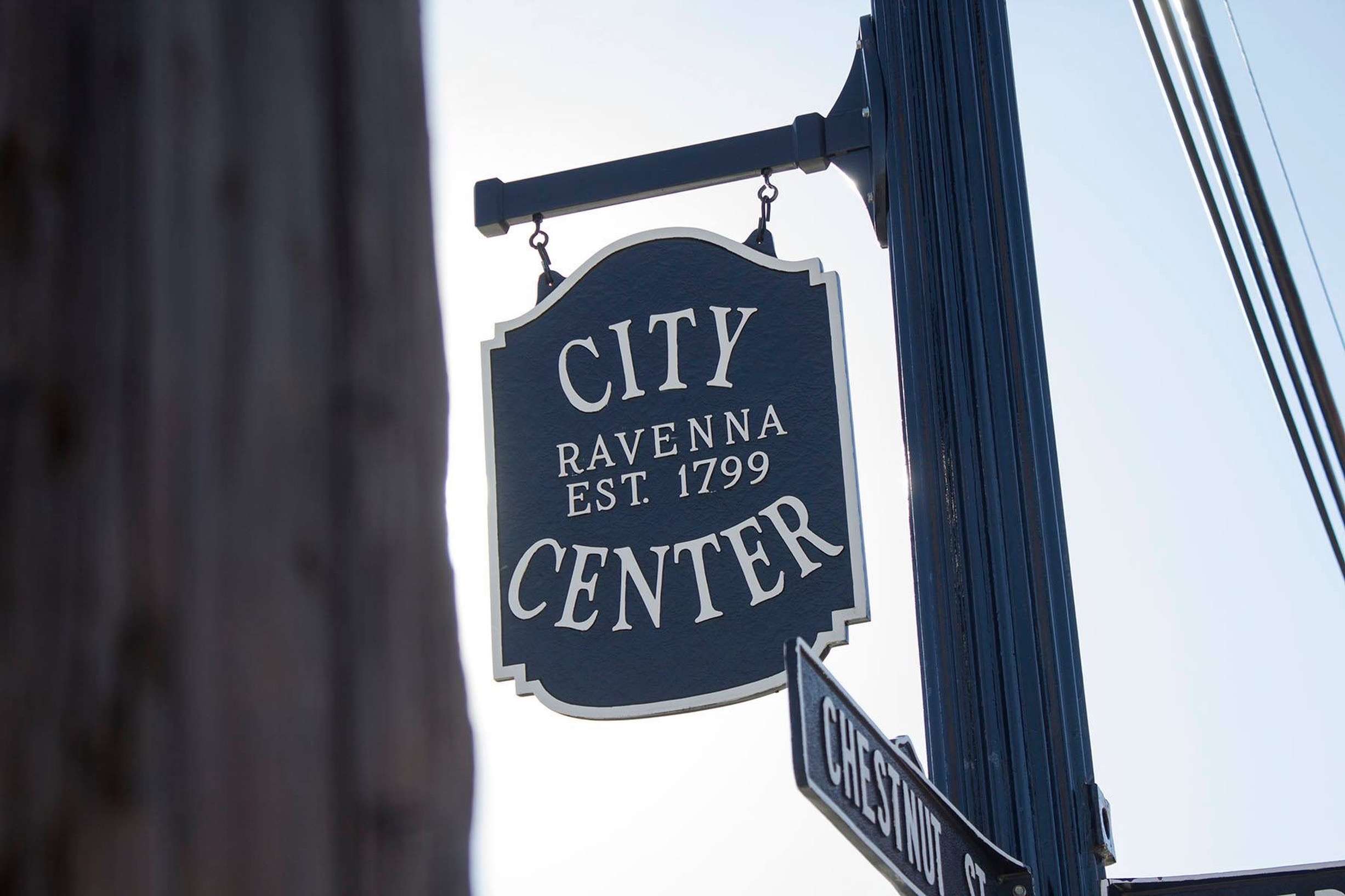 Sign reading "City Center" with "Ravenna Est. 1799."