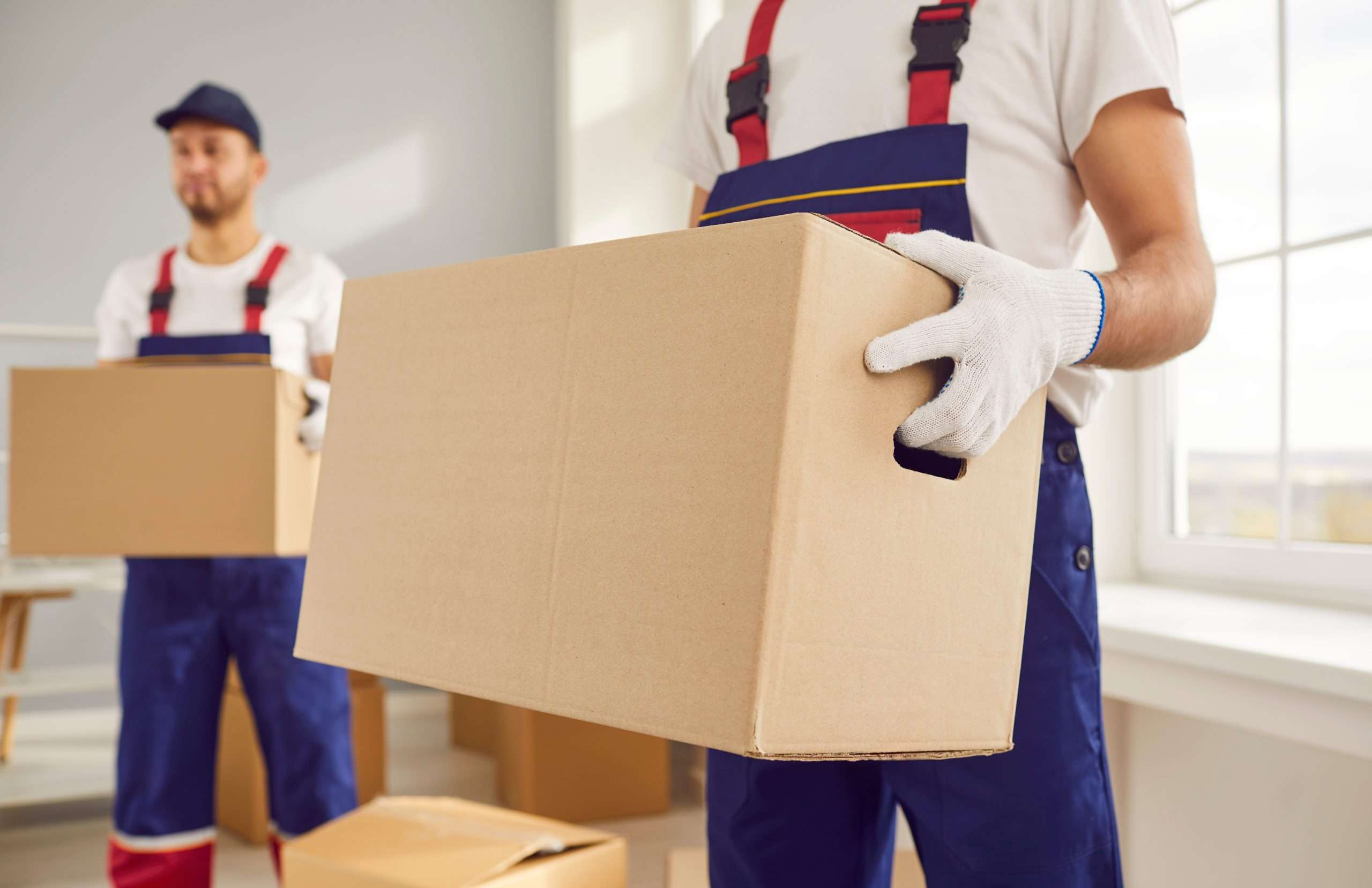 Two movers in blue overalls carrying boxes in a residential home. 