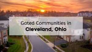 aerial view of gated community in Cleveland at sunset