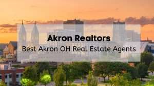 Akron, Ohio, USA downtown skyline at dusk.