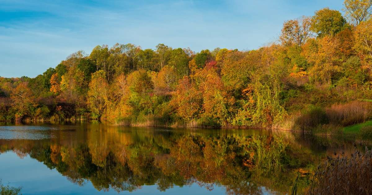 Indigo Lake in Cuyahoga Valley National Park between Cleveland and Akron Ohio reflecting autumn colors