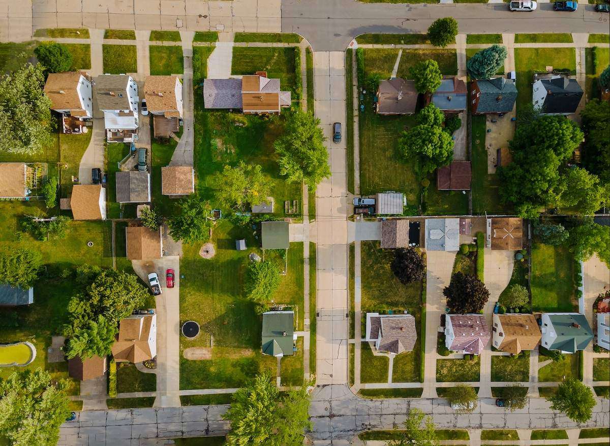 An overhead view of homes in a small town outside of Cleveland 